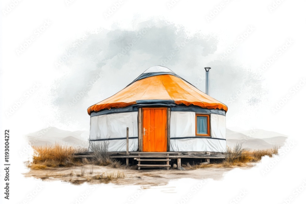 Poster a modern graphic of an uzbek yurt, with its circular shape and decorative patterns drawn in minimali