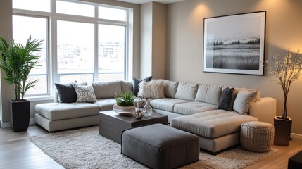 A contemporary sectional sofa in a clean living room with neutral tones and decorative plants.