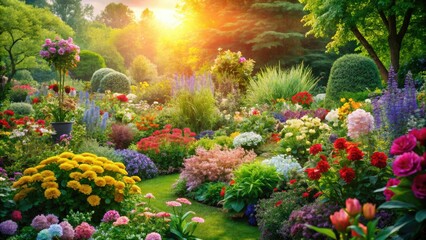 A lush garden with a variety of colorful flowers and greenery, outdoor decor, ornamental plants, flora, vibrant blooms, colorful flowers