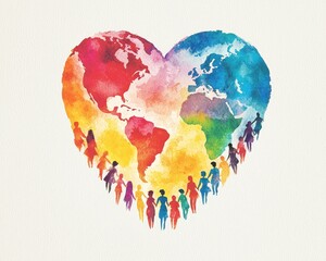 Heart-shaped design featuring diverse individuals around a radiant Earth