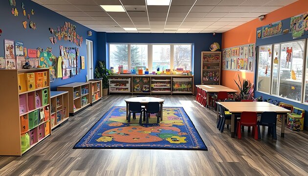 Daycare classroom without children or teacher, featuring playful and colorful furniture, educational tools, and a cozy, stimulating environment for young learners