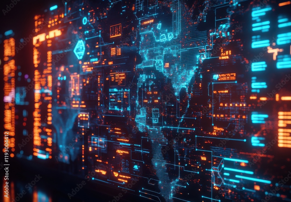 Poster futuristic digital interface displaying complex data and world map with neon lights and high-tech el