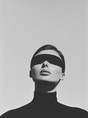 Fototapeta premium Blindfolded Beauty: A monochrome portrait of a woman, her face partially obscured by a black blindfold, gazes serenely upward, evoking a sense of mystery and quiet contemplation. 