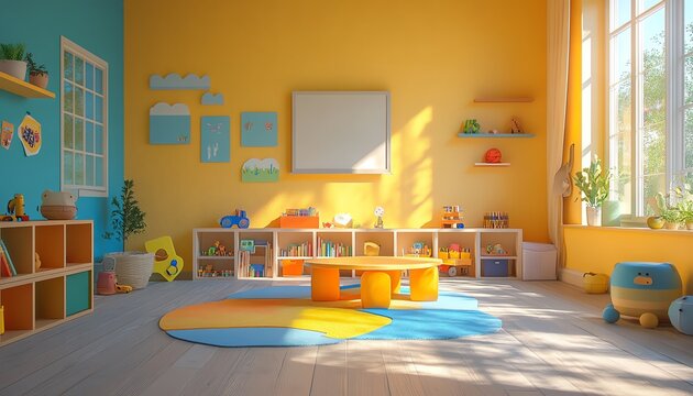 Daycare classroom without children or teacher, featuring playful and colorful furniture, educational tools, and a cozy, stimulating environment for young learners