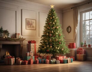 A majestic Christmas tree stands tall with beautifully wrapped presents under its branches, Christmas tree, decorated tree