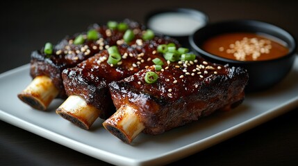 Scallions and black sesame seeds add freshness. Served with dipping sauce. Grilled Beef Ribs with Caramel Sauce is delicately arranged on a matte white plate.