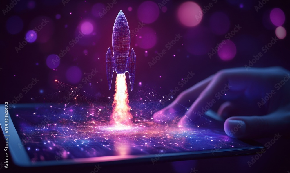 Poster futuristic digital launch of a rocket from a tablet with colorful bokeh background and glowing eleme