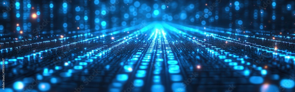Poster futuristic digital landscape with glowing blue lights representing data flow and connectivity in 3d 