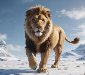 Obraz premium A majestic, lion-like creature with a shaggy coat and a regal demeanor, flying over the frozen tundra, shaggy coat, frosty landscape