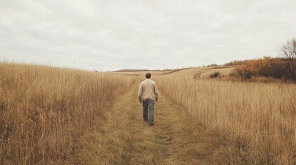 Obraz premium Man walks alone on path through tall autumn grass.