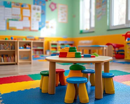 Empty daycare classroom with no children or teacher, featuring brightly colored desks, educational materials, and childfriendly decor, ready for a fun learning environment