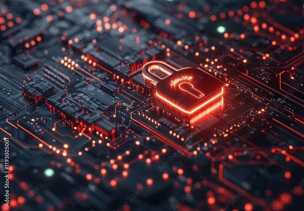 Poster futuristic digital lock with circuitry background illustrating cybersecurity and data protection in 