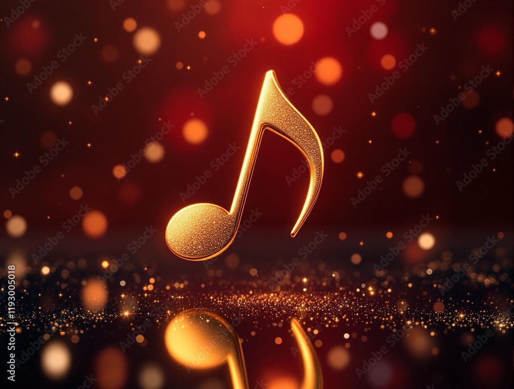Aufkleber  golden musical note on a reflective surface with a bokeh effect in the background.