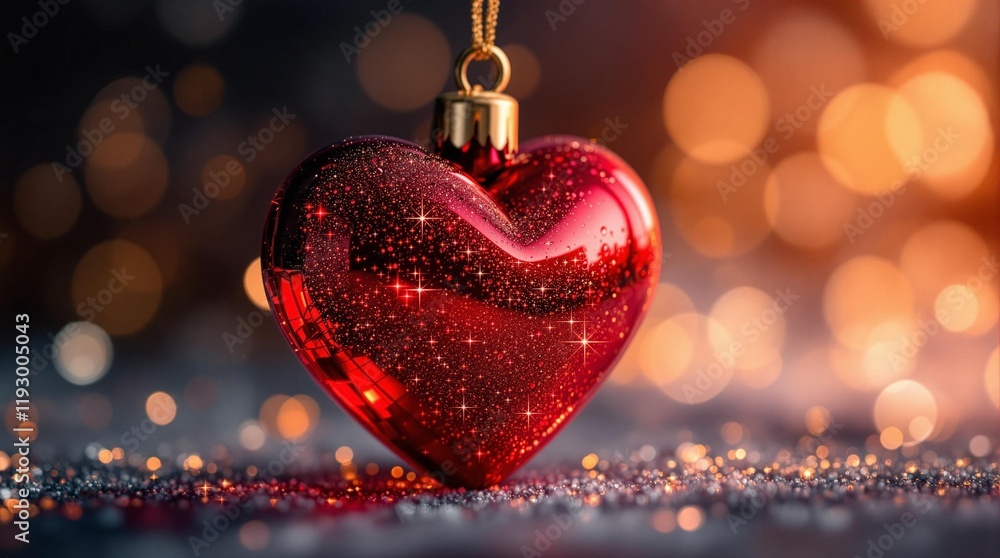 Poster close-up of a red heart-shaped ornament with a glittery texture, placed against a background with bl