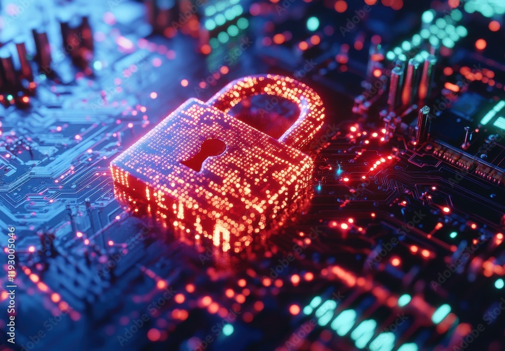 Poster futuristic digital lock on a circuit board, representing data security and cyber protection in a vib