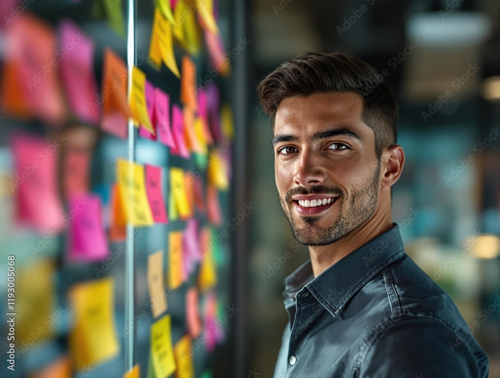 Aufkleber person standing in front of a glass wall covered with colorful sticky notes, creating a brainstorming or collaborative workspace atmosphere.