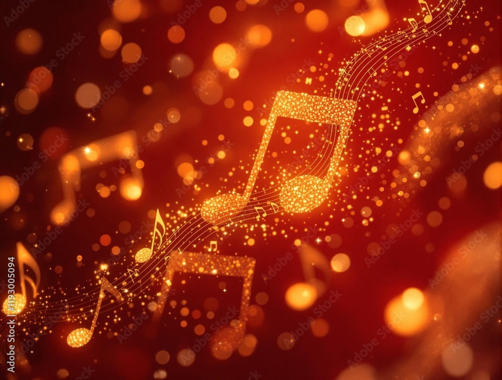 Poster 3D rendering of musical notes floating on a red background, with a glowing effect that gives it a magical 