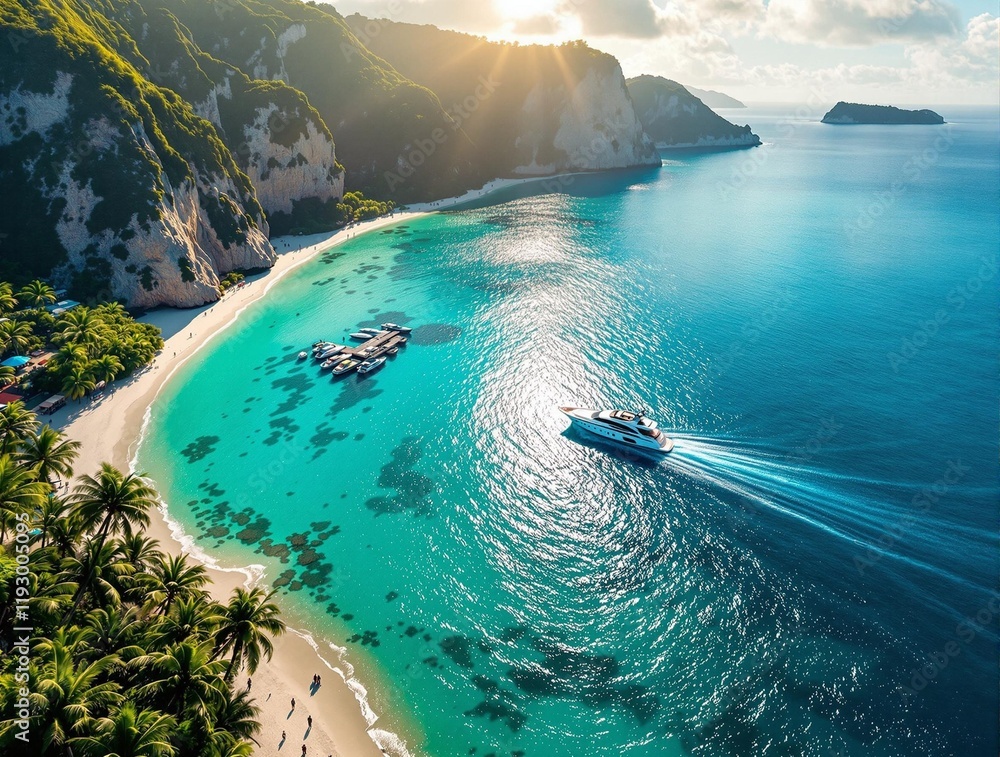 Poster aerial view of a coastal area with clear turquoise water. a boat is seen moving along the calm water