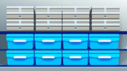 A blue and white shelf with many blue boxes on it