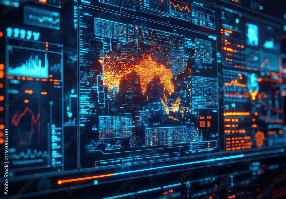 Poster futuristic digital map visualization featuring dynamic data display and geographical representation 