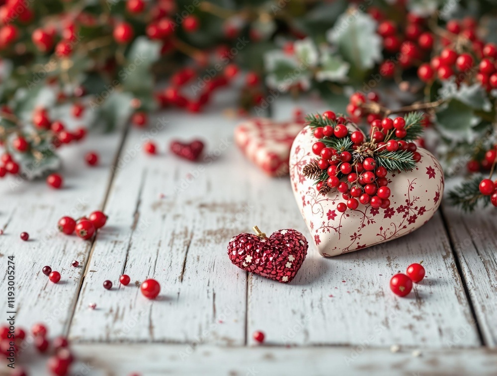 Aufkleber  two heart-shaped cookies with red berries sprinkled on them, placed on a white wooden surface with a rustic appearance. Surrounding the cookies are additional red berries and green leaves, creating a