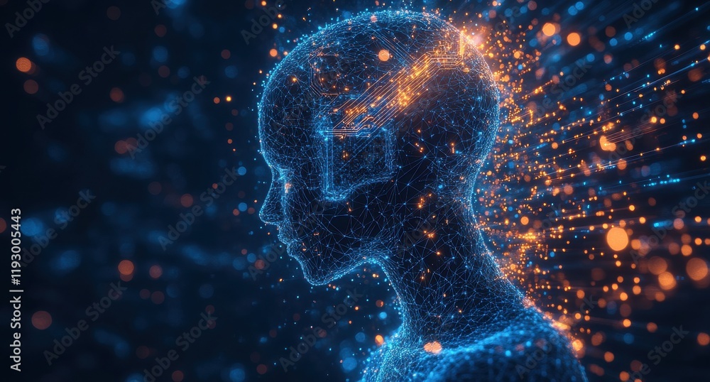 Poster futuristic digital representation of a human head with glowing particles signifying data flow and co