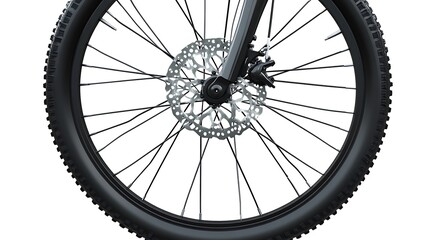 Naklejka premium A close-up of a bicycle wheel with a detailed view of the tire, spokes, and brake rotor.