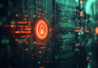 Fototapeta premium Futuristic digital security concept showcasing a glowing padlock icon on a circuit board background with vibrant green and orange neon lights, representing data protection and cybersecurity