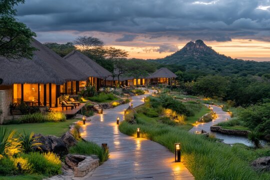 A panoramic evening shot of Uxmal, with the pyramid illuminated against a darkening sky