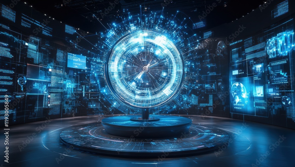 Poster futuristic digital sphere in high-tech environment with data streams, interface elements, and circul