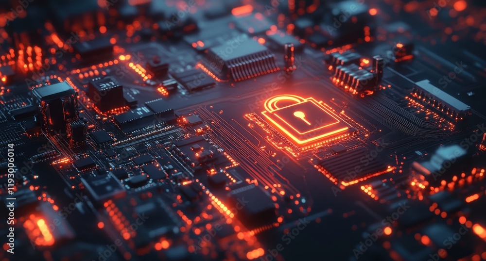 Poster futuristic digital security concept with glowing lock symbol on complex microchip circuit board desi