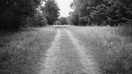 Monochrome path through grassy field and trees.