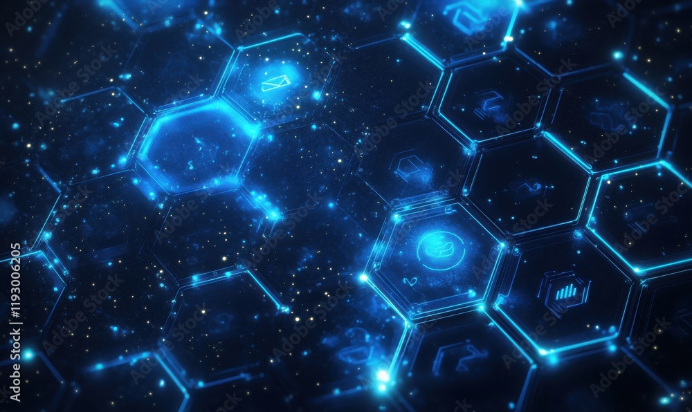 Poster futuristic digital technology background with glowing hexagonal patterns and interface icons represe