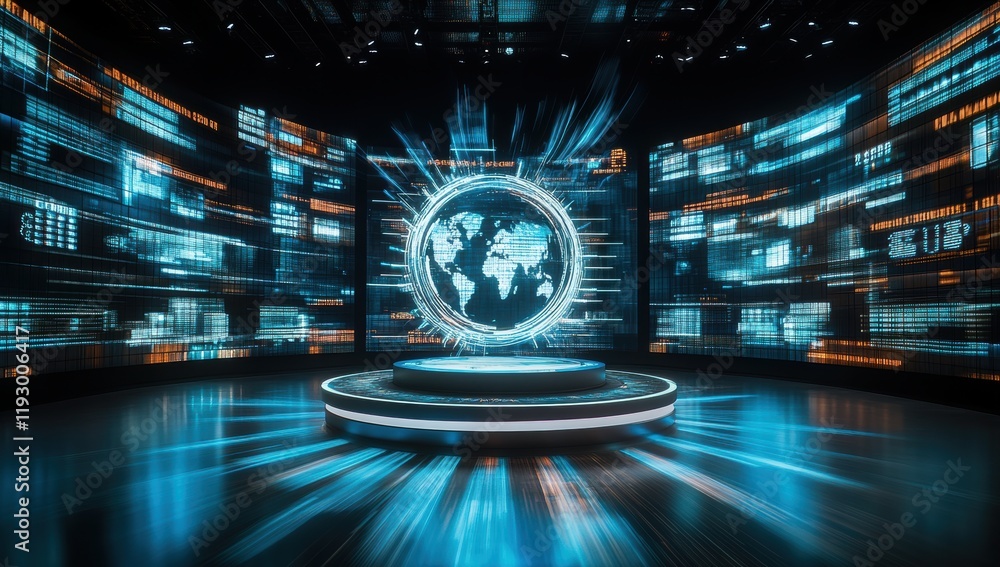 Poster futuristic digital technology background featuring a rotating globe surrounded by neon lights and da