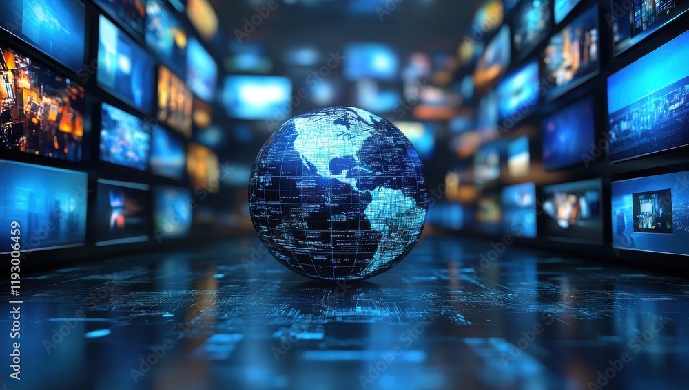Poster futuristic digital world globe surrounded by vibrant screens displaying data and information in a te