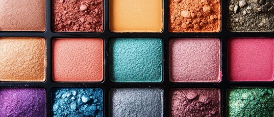 Neatly arranged colorful eyeshadow palettes, demonstrating a wide range of makeup options, concept of beauty, cosmetic diversity, vibrant generative AI patterns