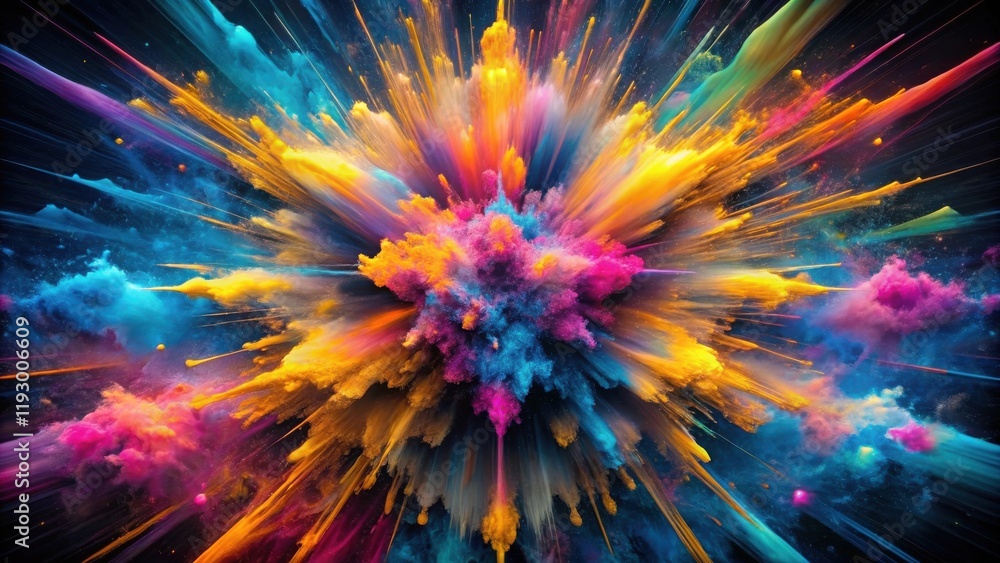 Poster A vibrant explosion of multicolored powder, a dynamic burst of color and energy, radiating outwards in a breathtaking display of hues.