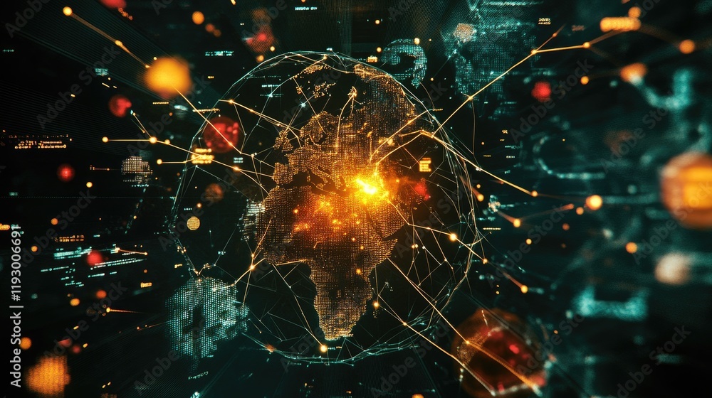 Poster a futuristic analytics lab with interactive maps and real-time cyber attack tracking.