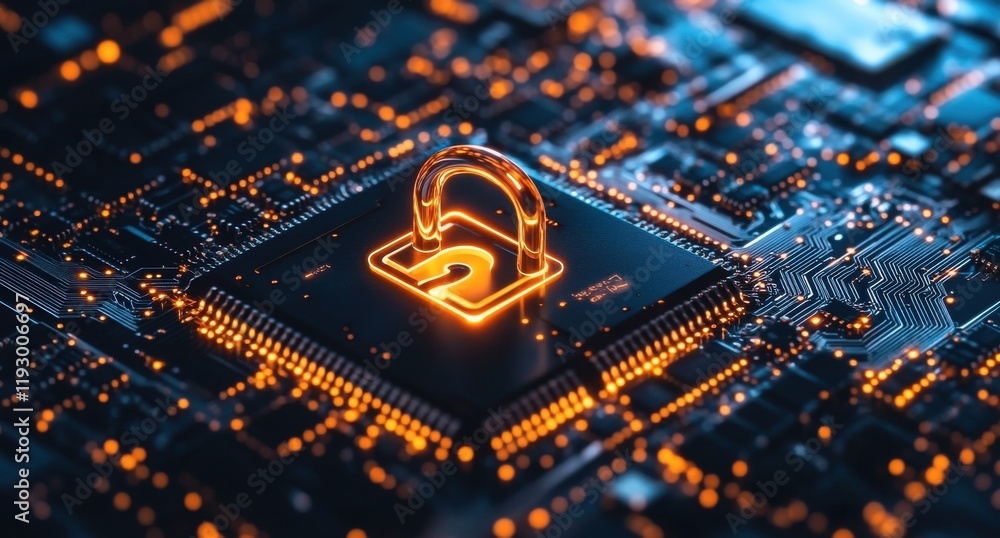 Poster futuristic electronic circuit board with an orange lock symbol representing cybersecurity and data p
