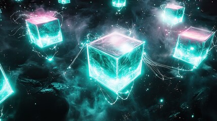 Boxes of light in glowing turquoise and magenta tones connected by bright threads of liquid energy floating amidst a cosmic black fog