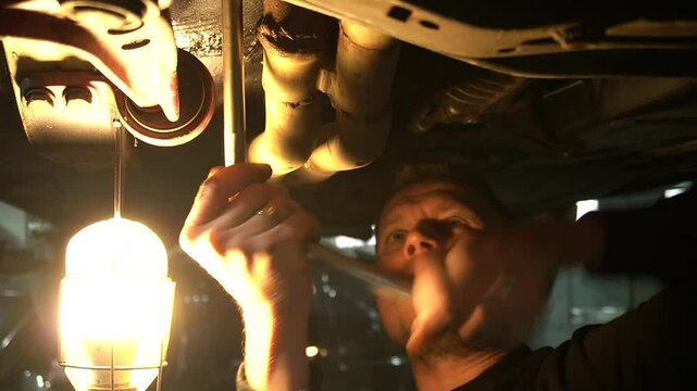 young mechanic repairs and installs an old gray car after a road accident (157)