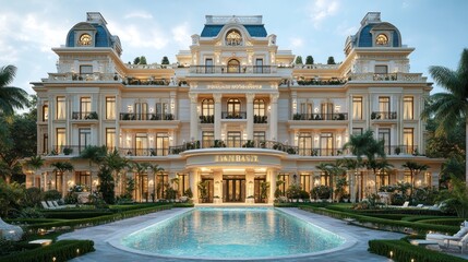 Fototapeta premium Grand European-style hotel with pool at dusk.