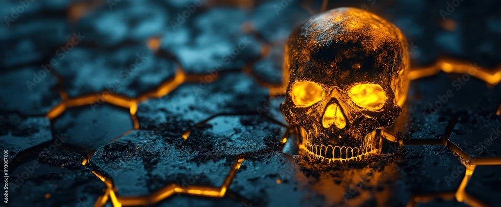 Poster glowing skull on dark hexagonal surface. (1)