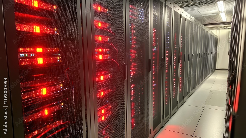 Poster a glowing server room with digital displays showing cybersecurity performance metrics.