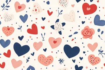  A charming seamless pattern featuring red, blue, and beige hearts alongside playful floral elements and delicate accents.