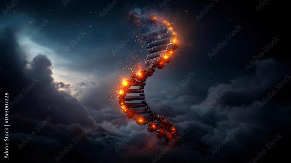 Poster abstract dna helix glowing with fiery elements in swirling clouds