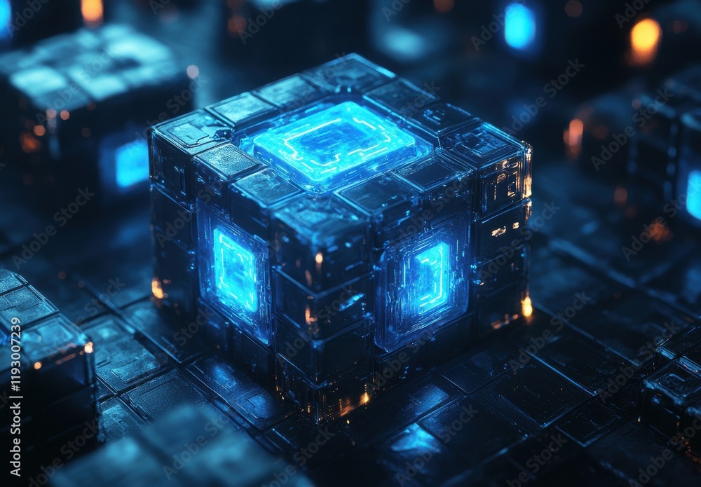 Poster futuristic glowing cube technology in a dark abstract environment with luminous blue elements and a 