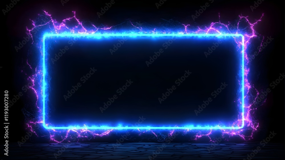 Poster glowing neon rectangle frame floating on textured dark background
