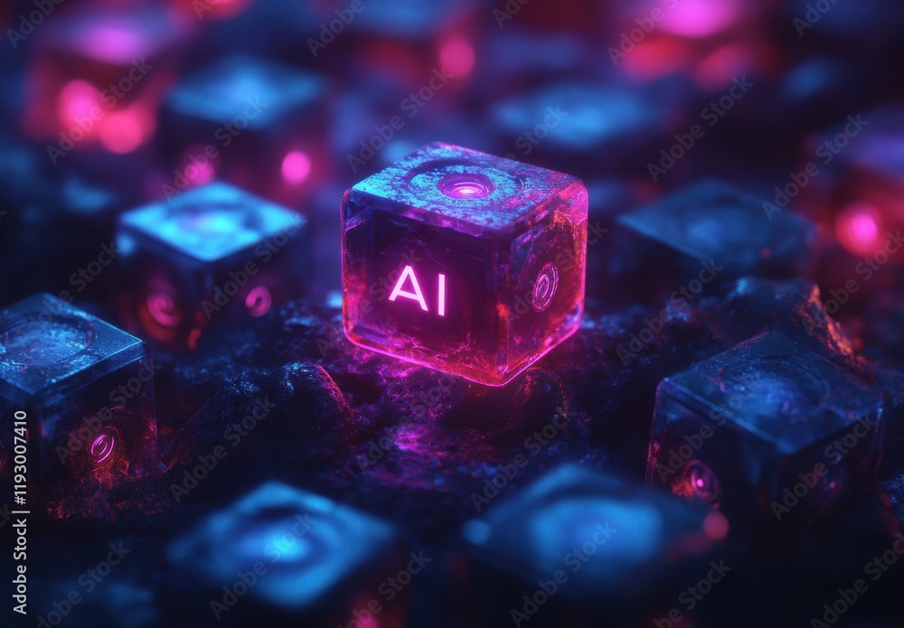 Poster futuristic glowing ice cubes with ai letters illuminated by neon lights in a dark environment repres