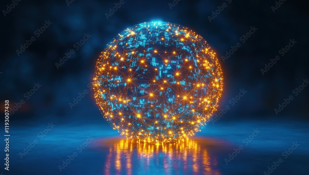 Poster futuristic glowing sphere with interconnected bright particles depicting a digital network and techn